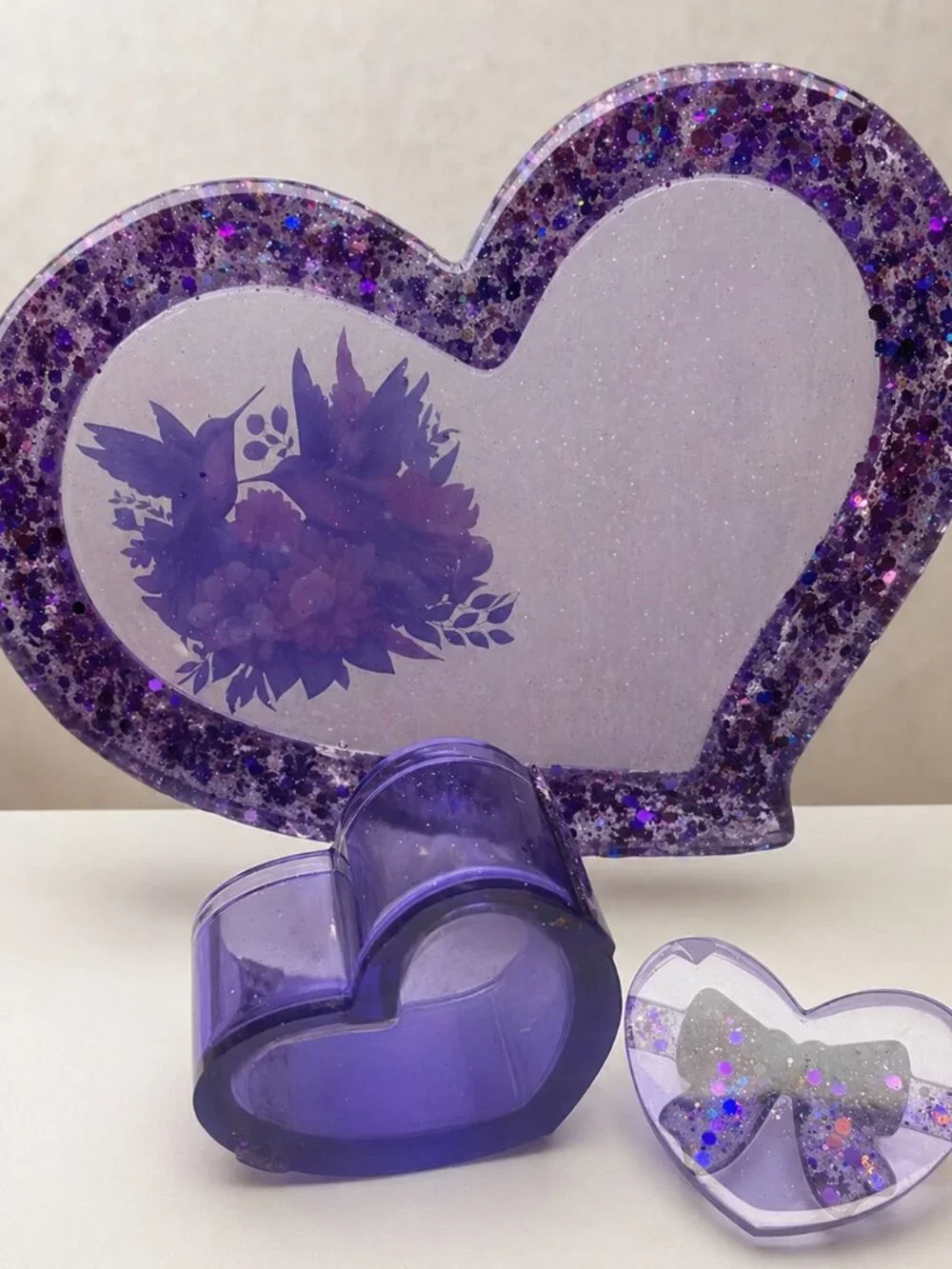 Purple Heart Tray and Jar Set, Hummingbird Resin Organizer, Feminine Shimmer